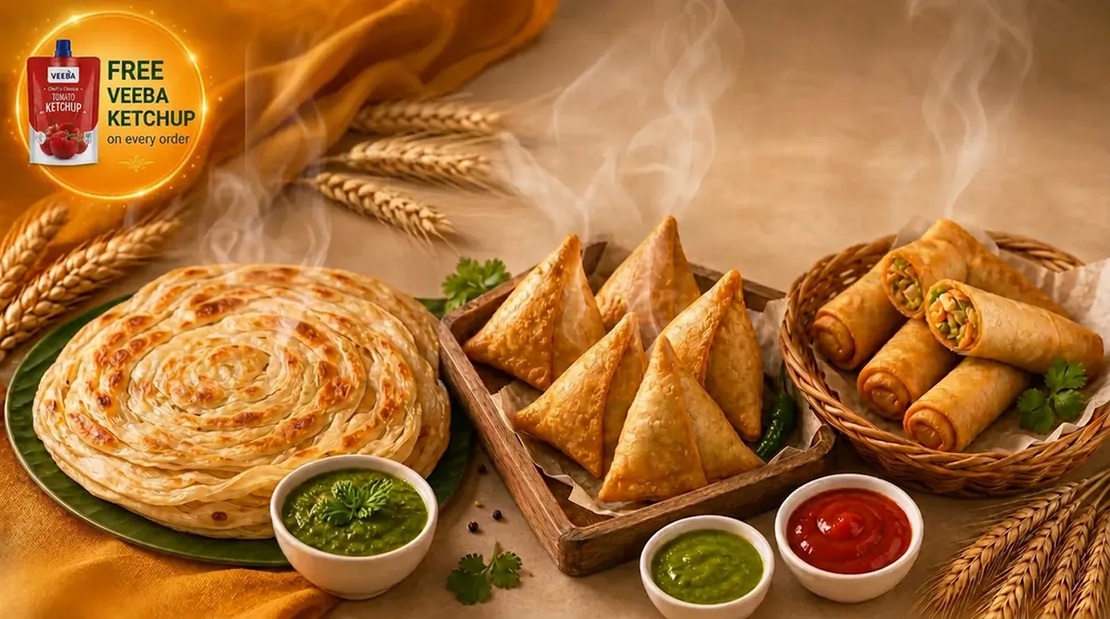 Swarich Malabar Paratha, Veg Samosa and Spring Roll — free Veeba Ketchup on every order